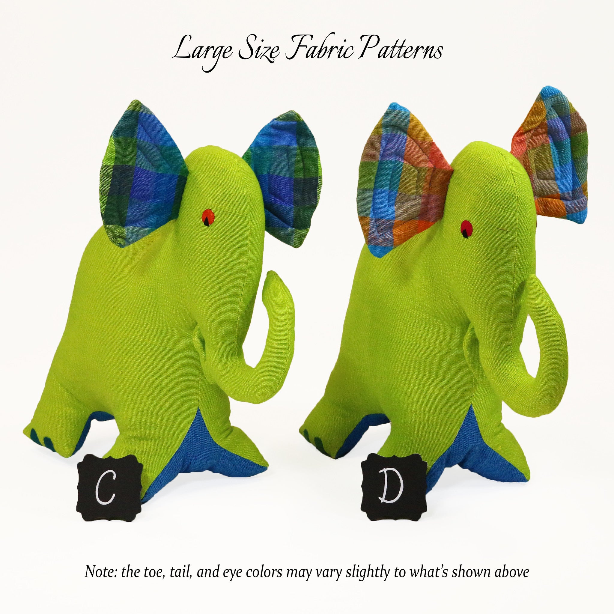 Evan, the Elephant – large size fabric patterns shown
