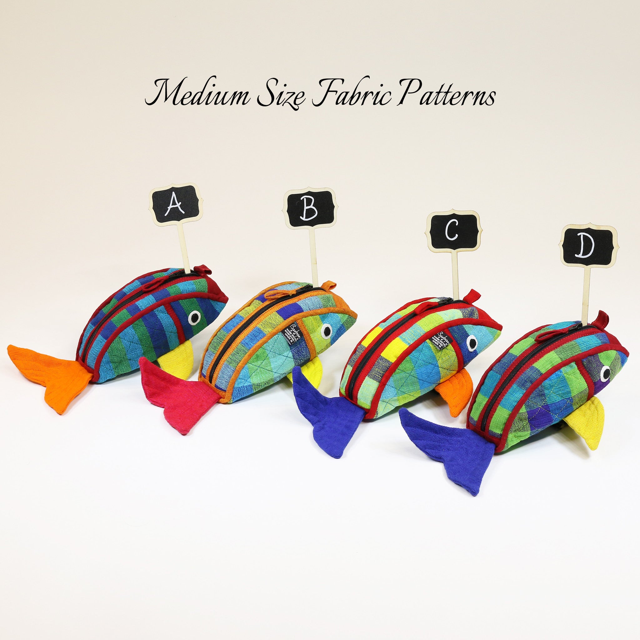 Fish Zip Pouch – all medium size Grasshopper fabric patterns shown