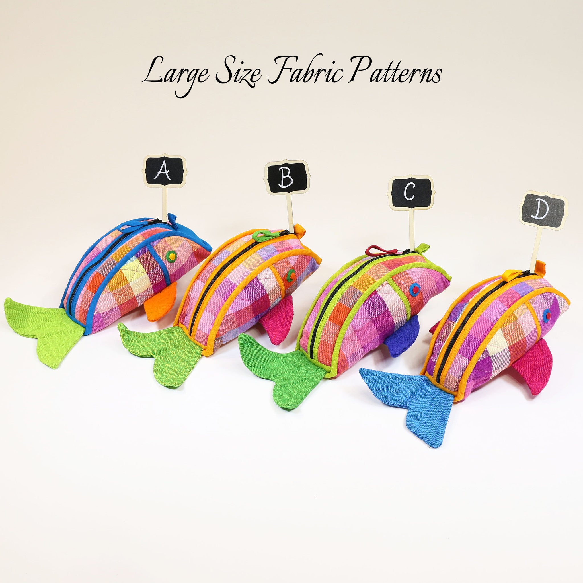 Fish Zip Pouch – all large size Sugarplum fabric patterns shown