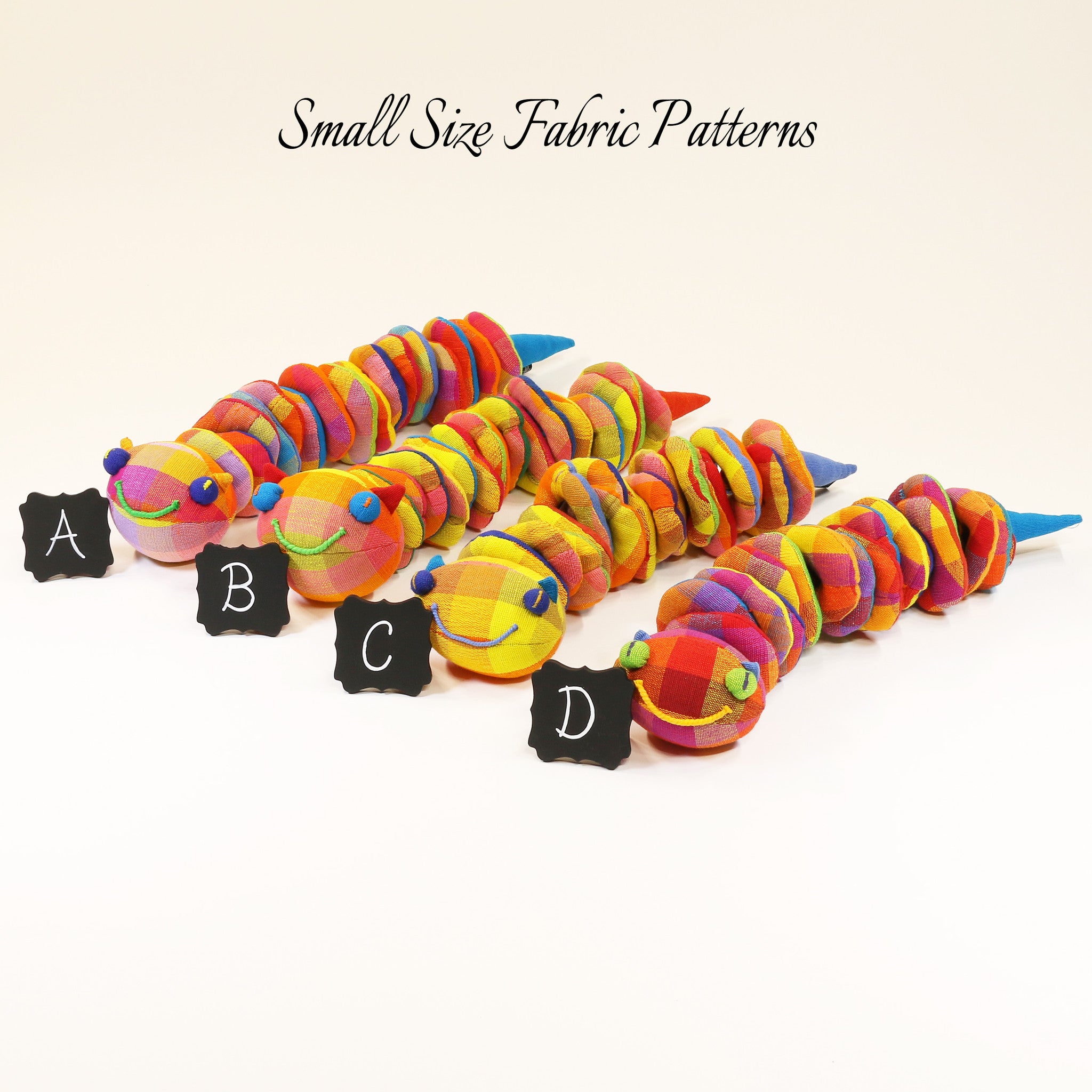 Christy, the Caterpillar – all small size fabric patterns shown