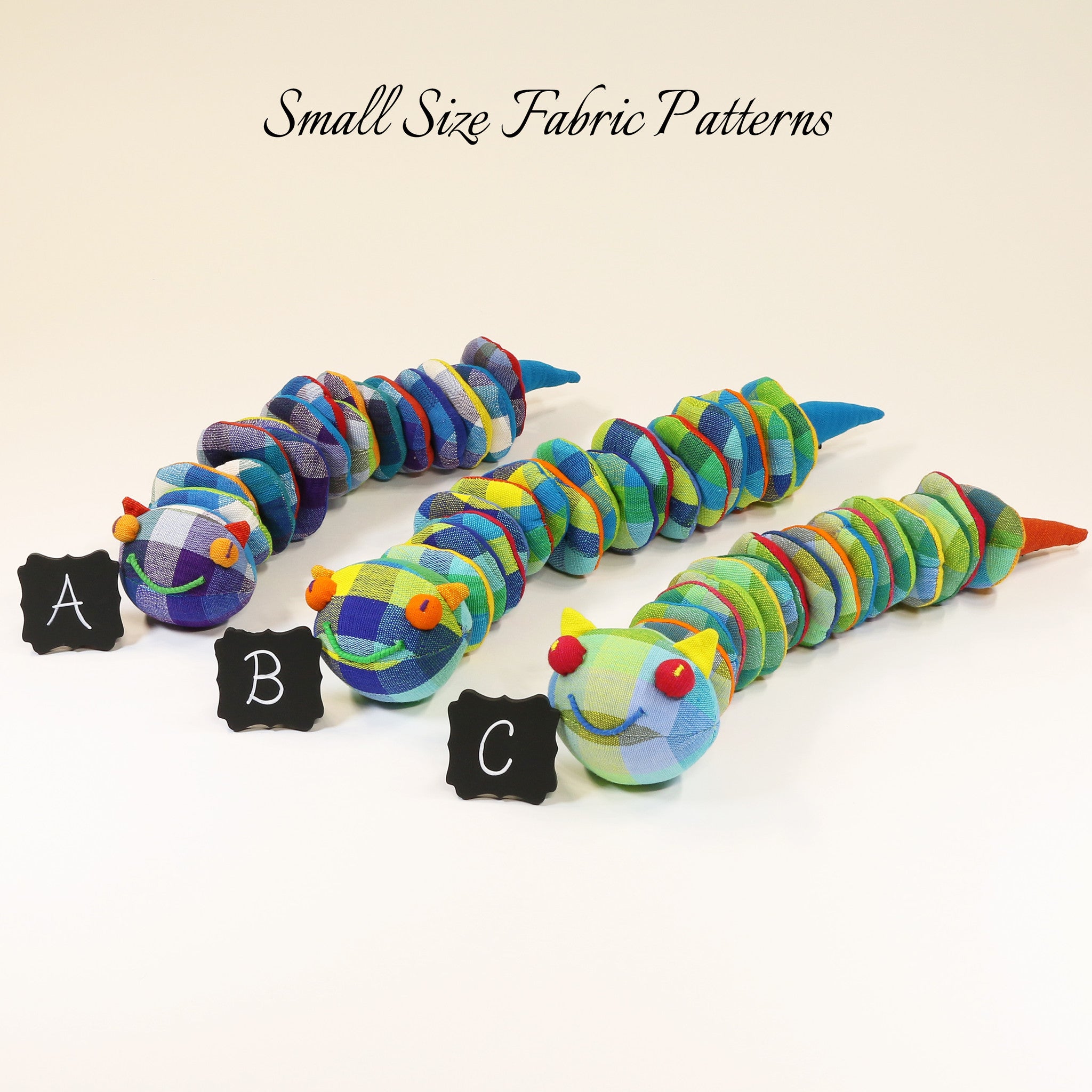 Cecil, the Caterpillar – all small size fabric patterns shown