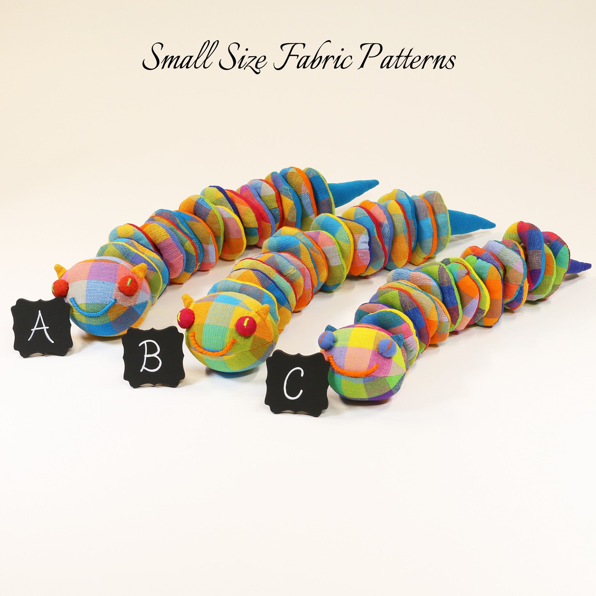 Casey, the Caterpillar – all small size fabric patterns shown