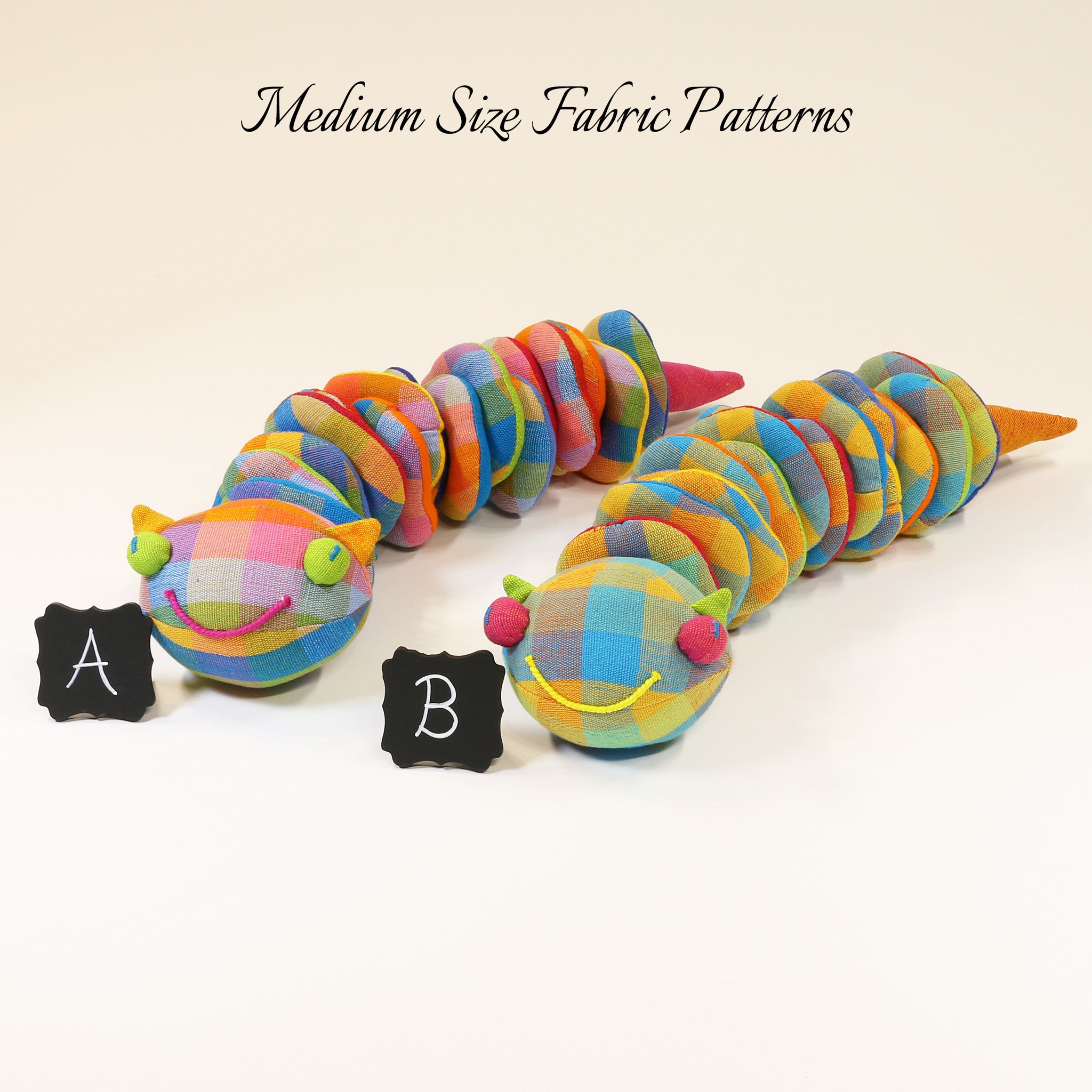Casey, the Caterpillar – all medium size fabric patterns shown