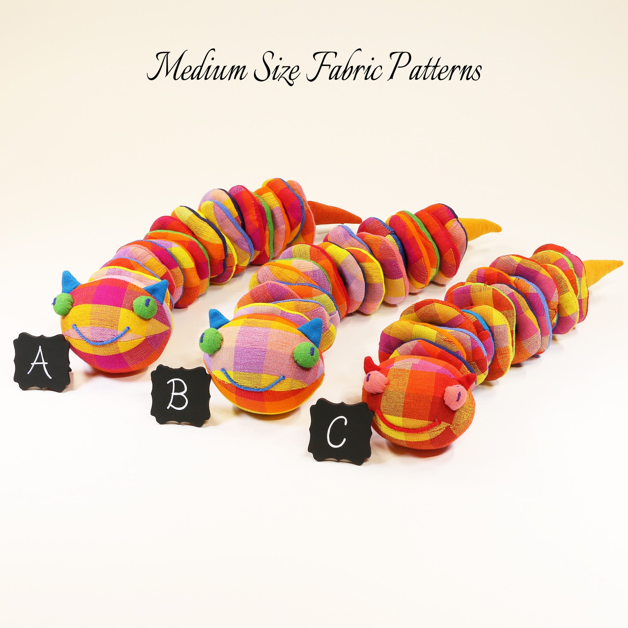 Christy, the Caterpillar – all medium size fabric patterns shown