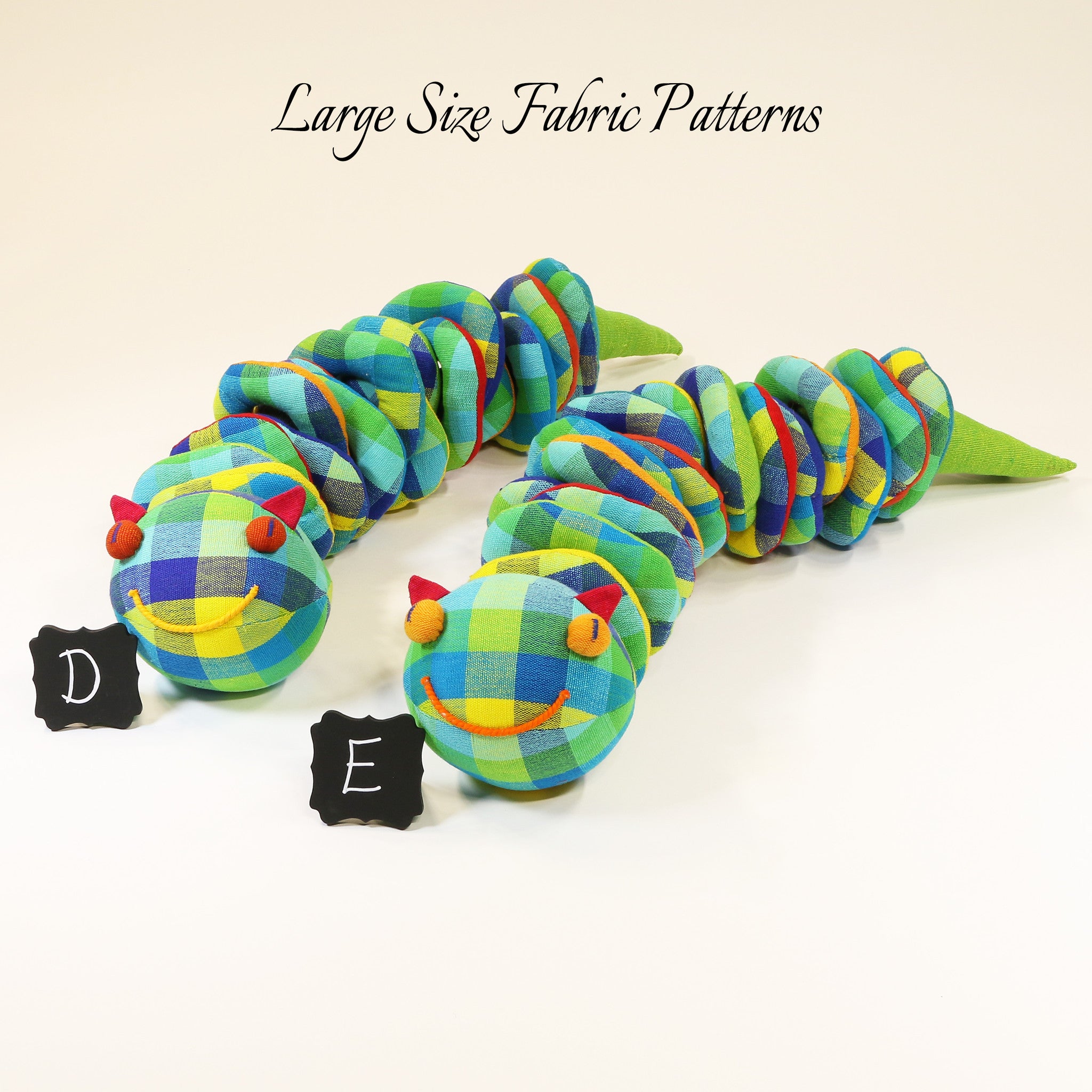 Cecil, the Caterpillar – large size fabric patterns shown