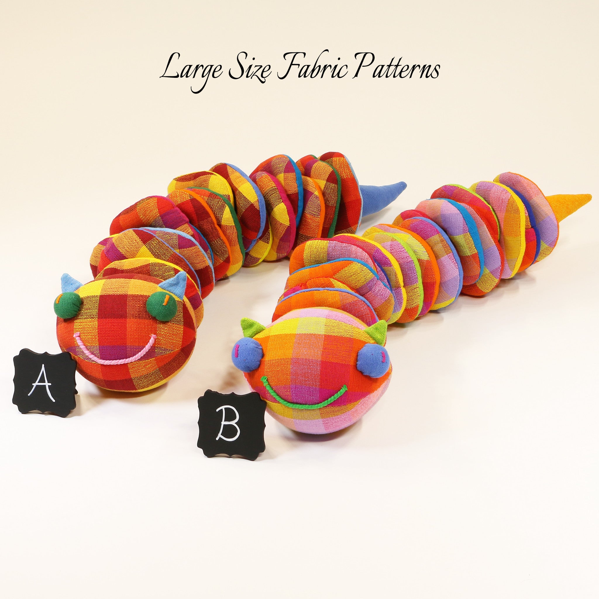 Christy, the Caterpillar – large size fabric patterns shown
