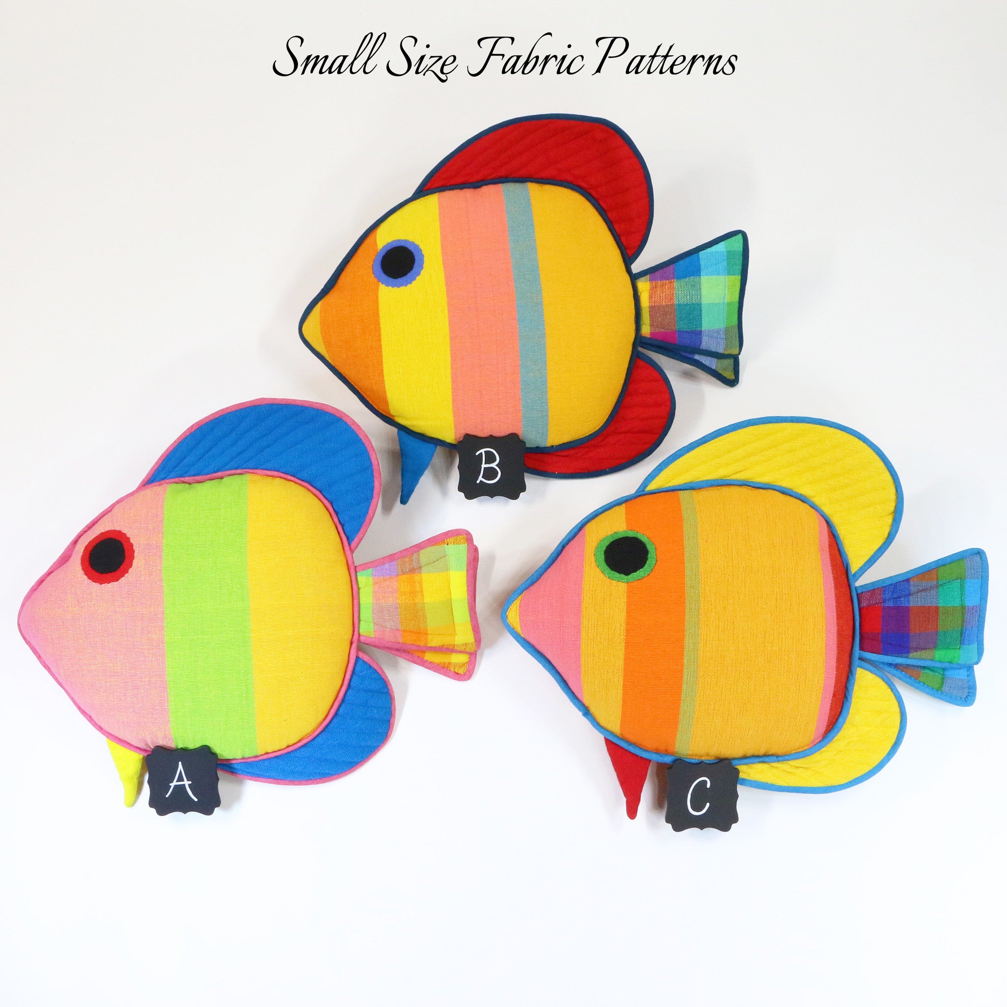 Daisy, the Sail Fin Fish – all small size fabric patterns shown