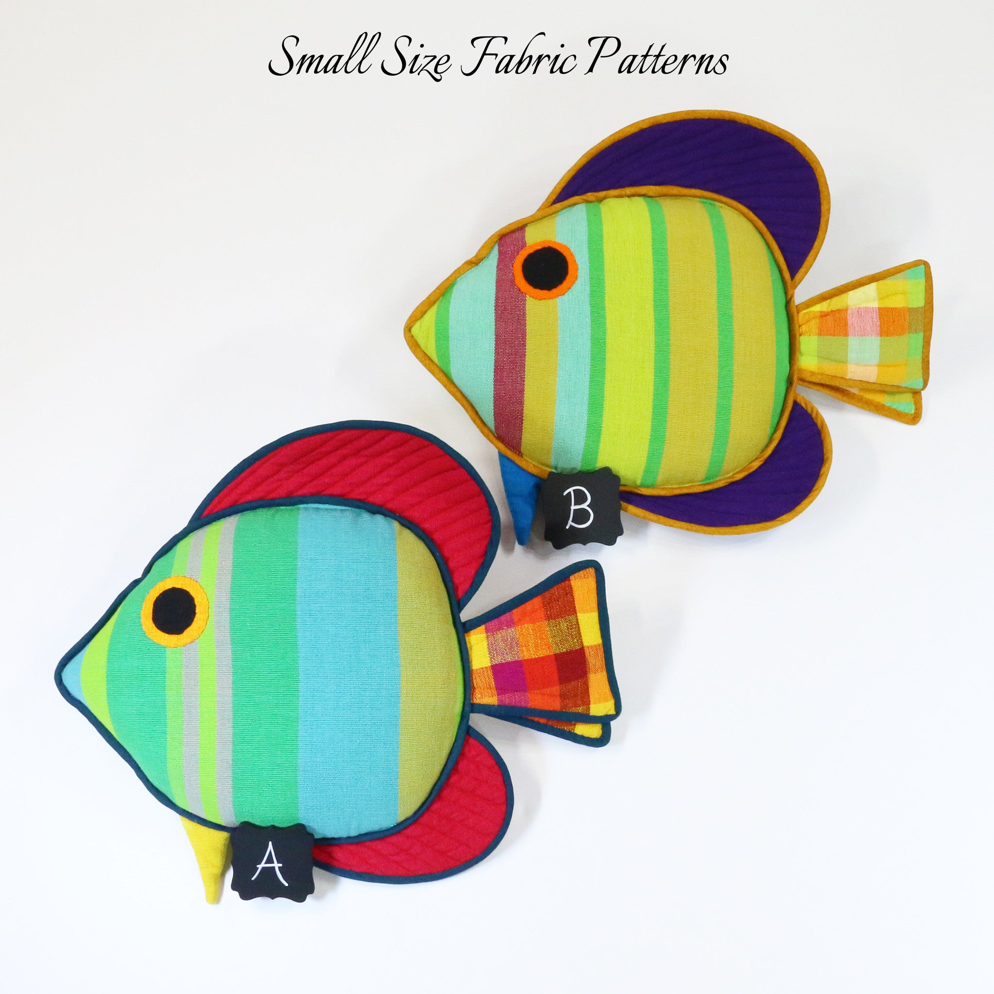 Bailey, the Sail Fin Fish – all small size fabric patterns shown