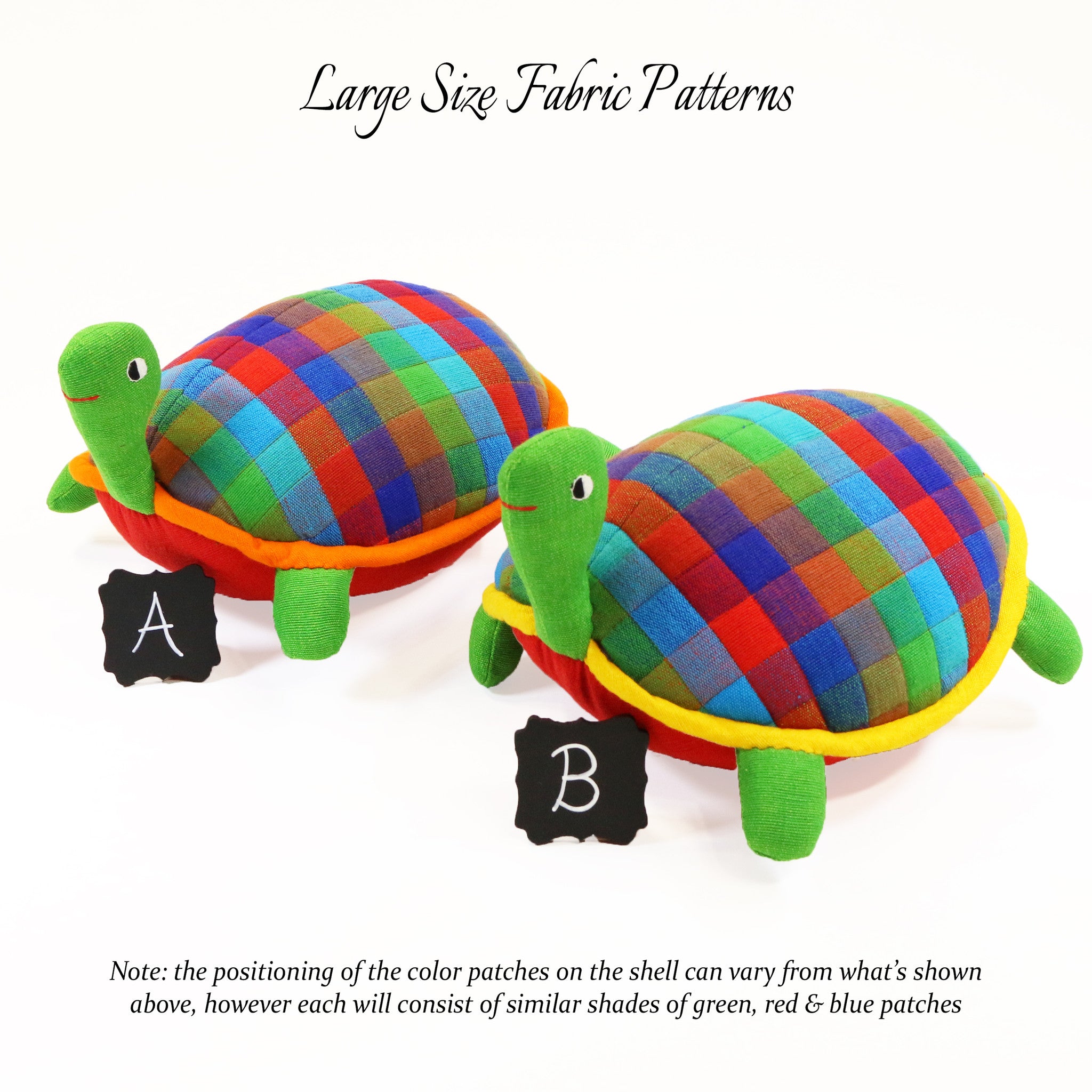 Terry, the Turtle – all large size fabric patterns shown