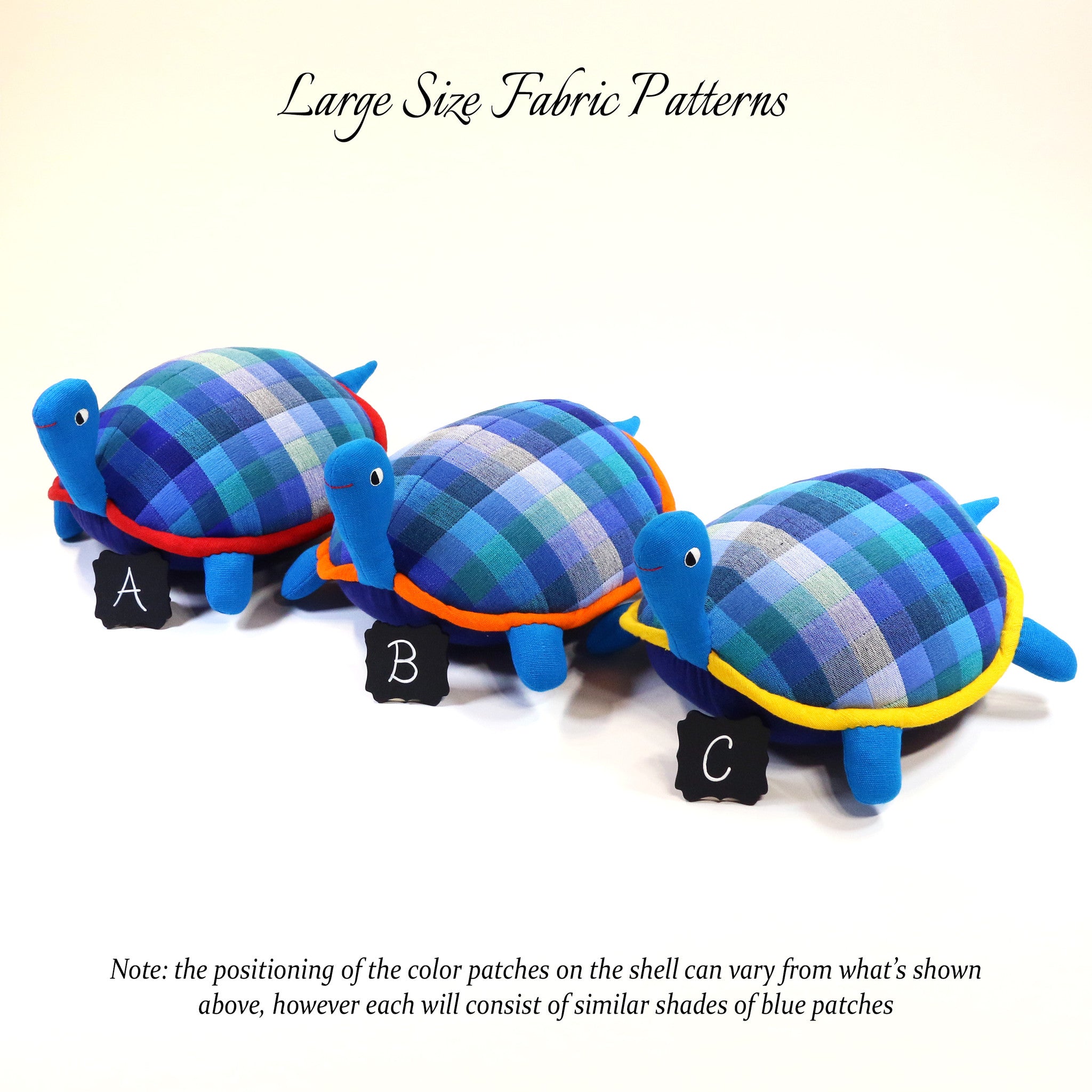 Tommy, the Turtle – all large size fabric patterns shown