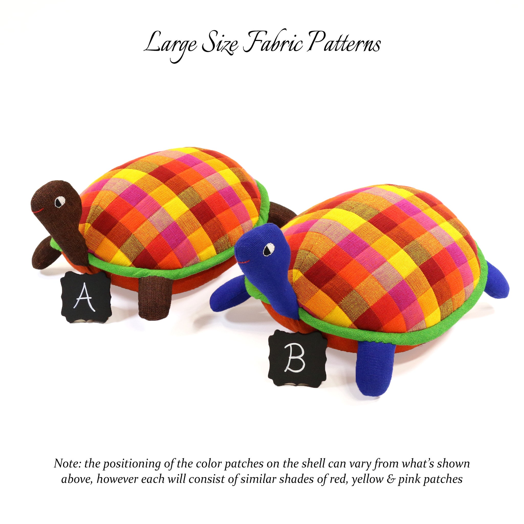 Tammy, the Turtle – all large size fabric patterns shown