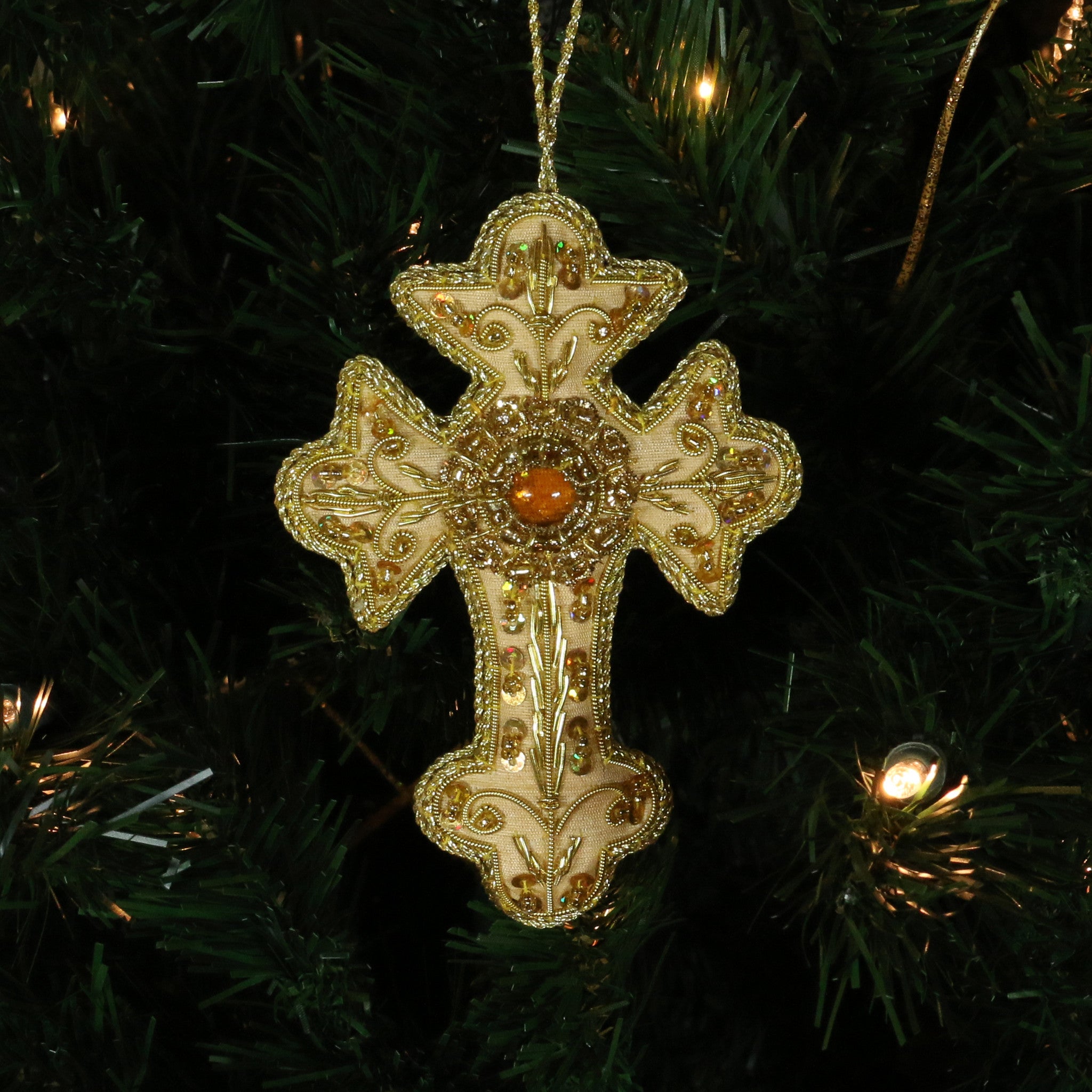 Hand Beaded, Cross Shaped Ornament (gold color)