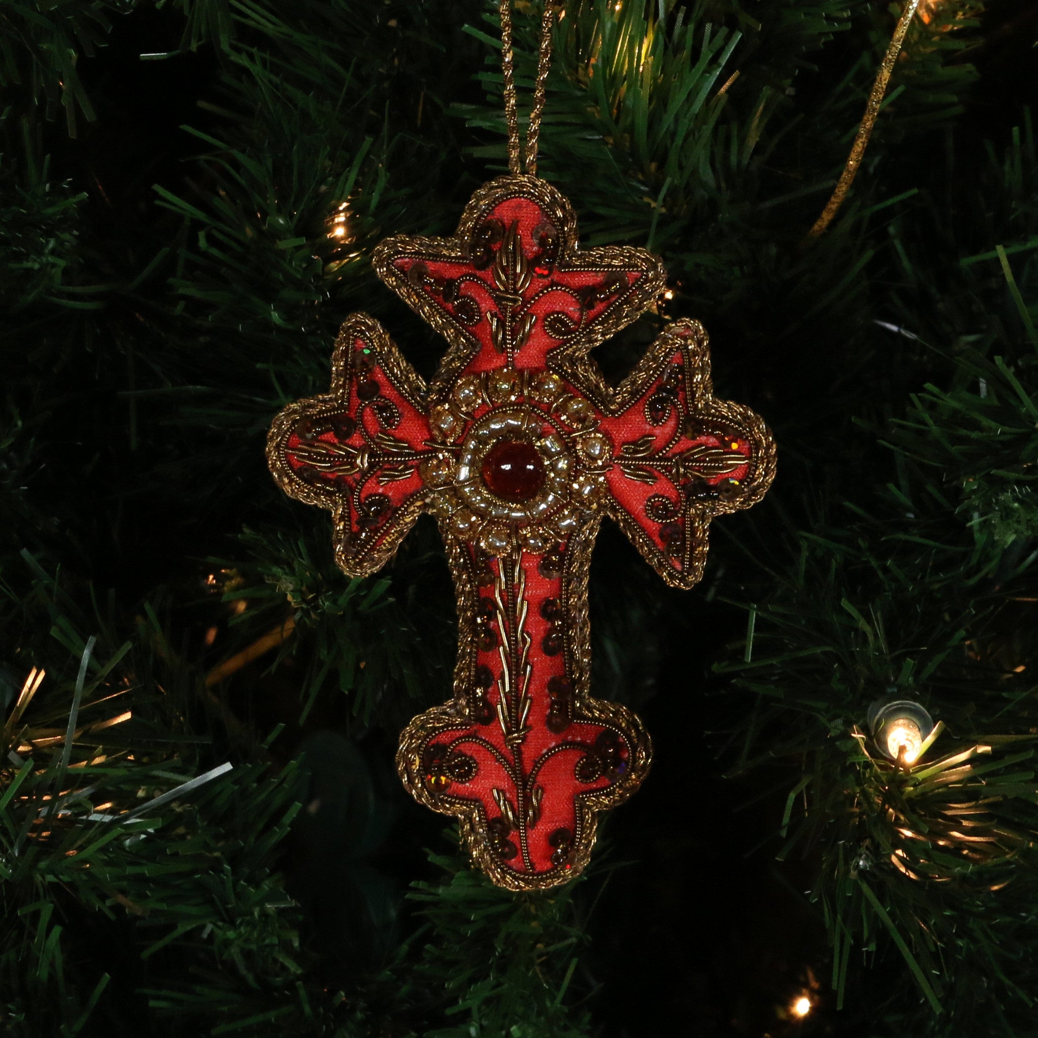 Hand Beaded, Cross Shaped Ornament (red color)