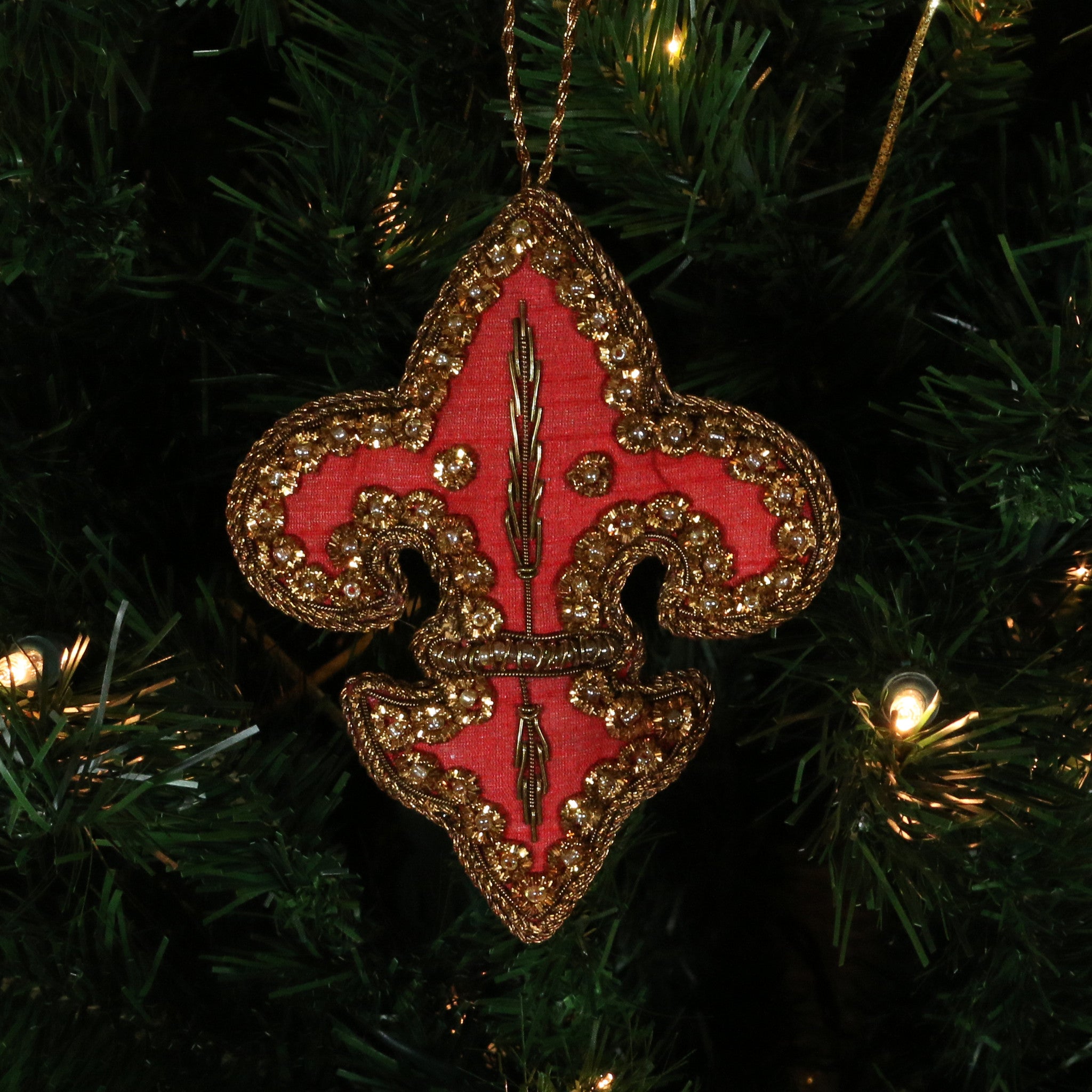 Hand Beaded, Fleur de lis Shaped Ornament (red color)