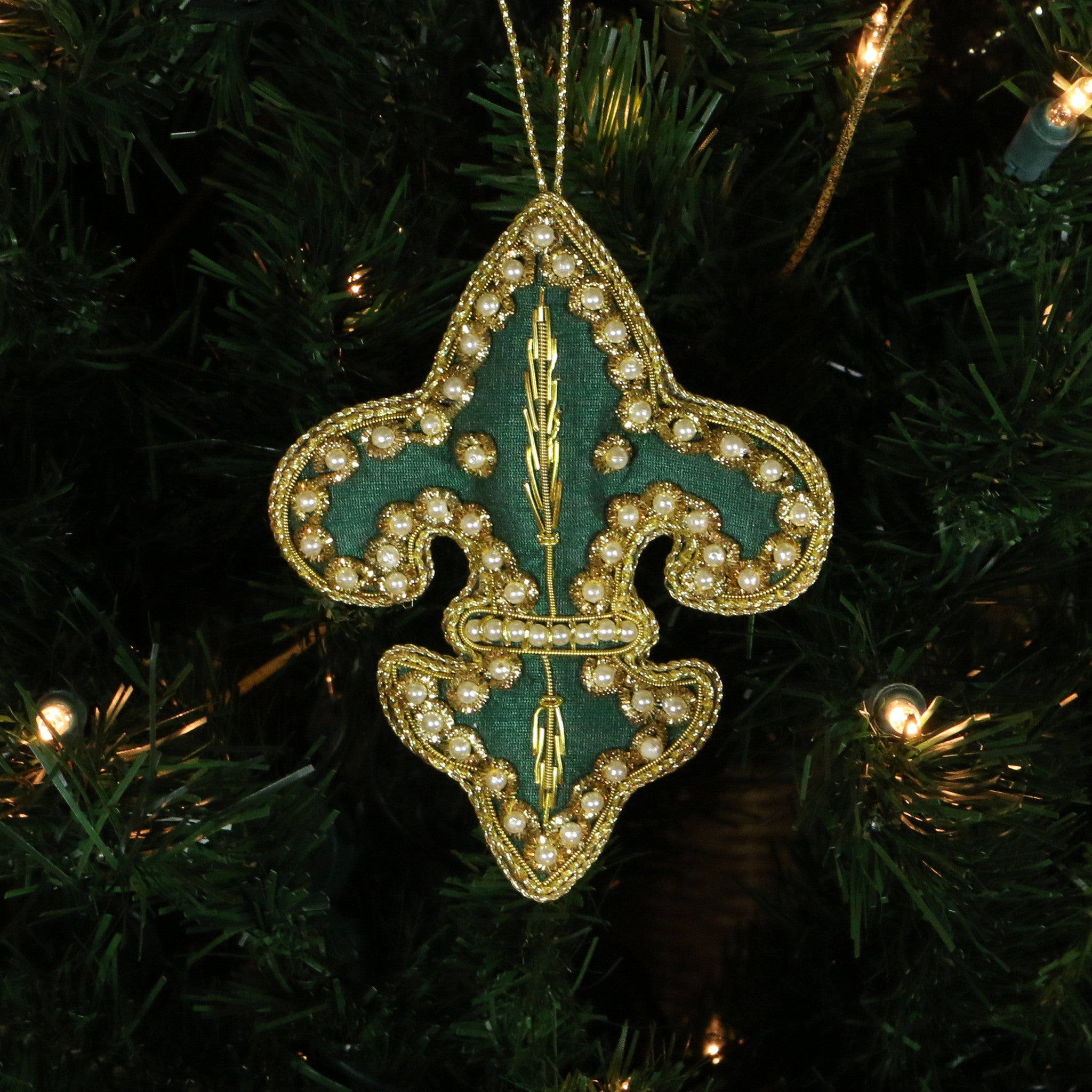 Hand Beaded, Fleur de lis Shaped Ornament (green color)