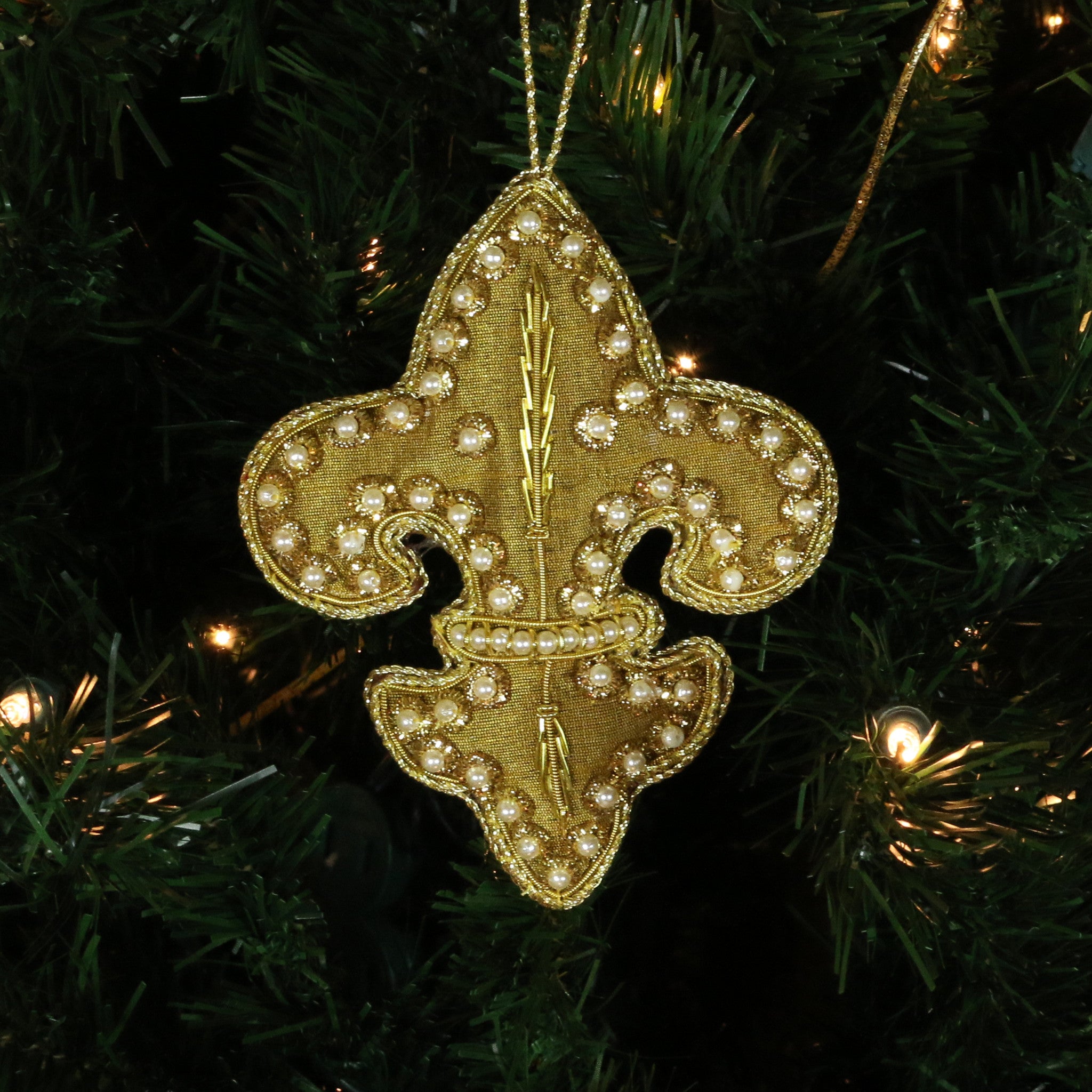 Hand Beaded, Fleur de lis Shaped Ornament (gold color)