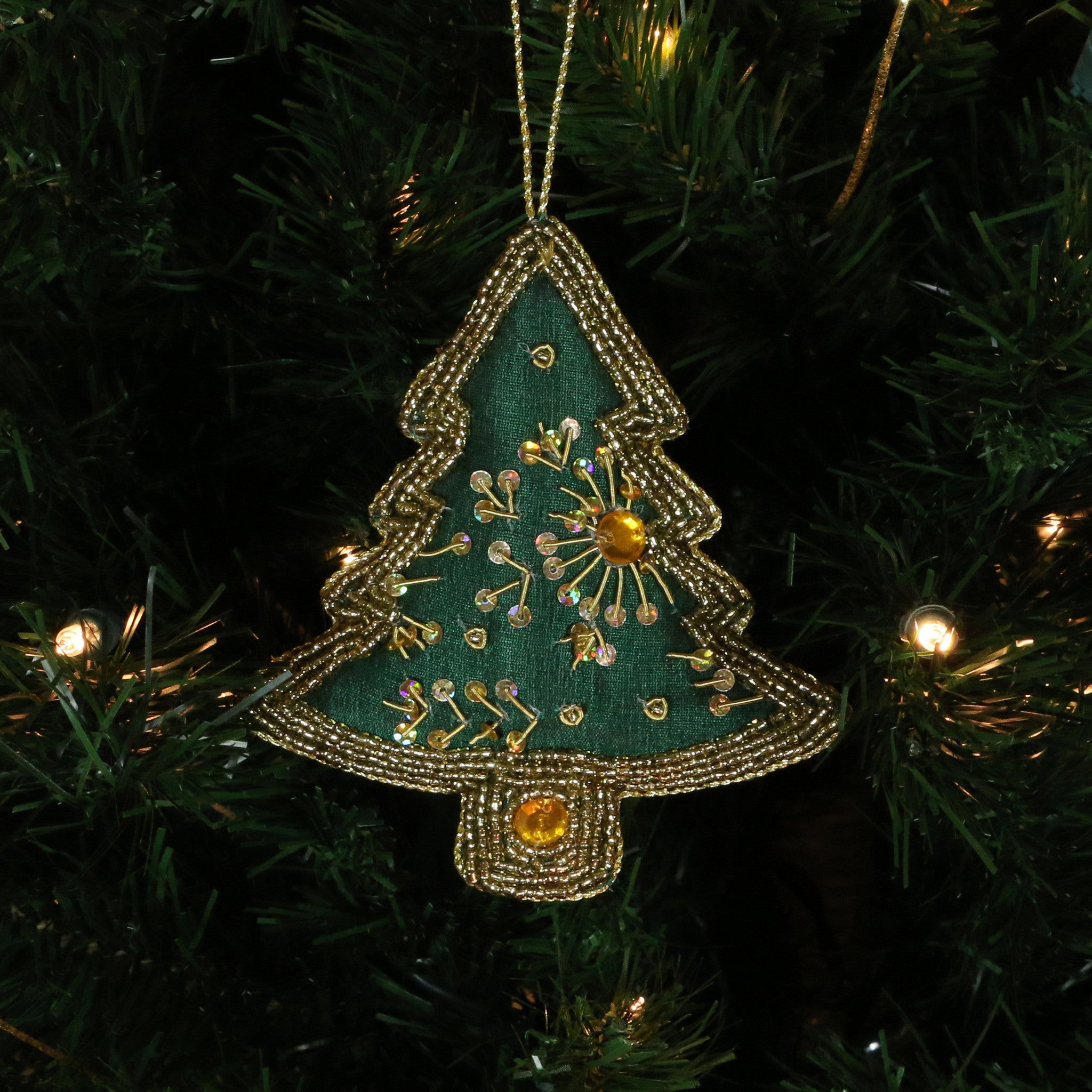 Four Heart-Shaped Beaded Ornaments in Green from India - Green Hearts