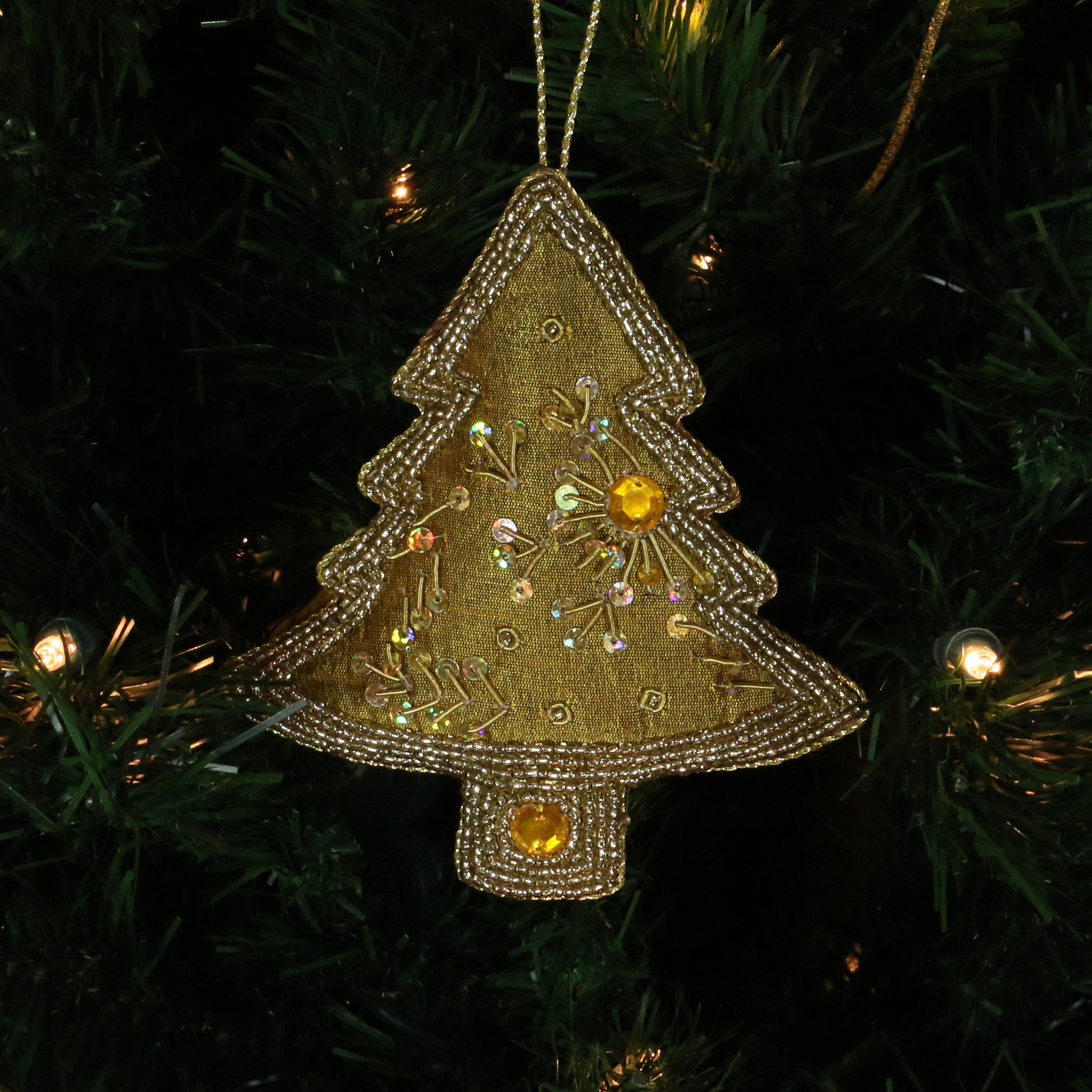 Hand Beaded, Tree Shaped Ornament (gold color)