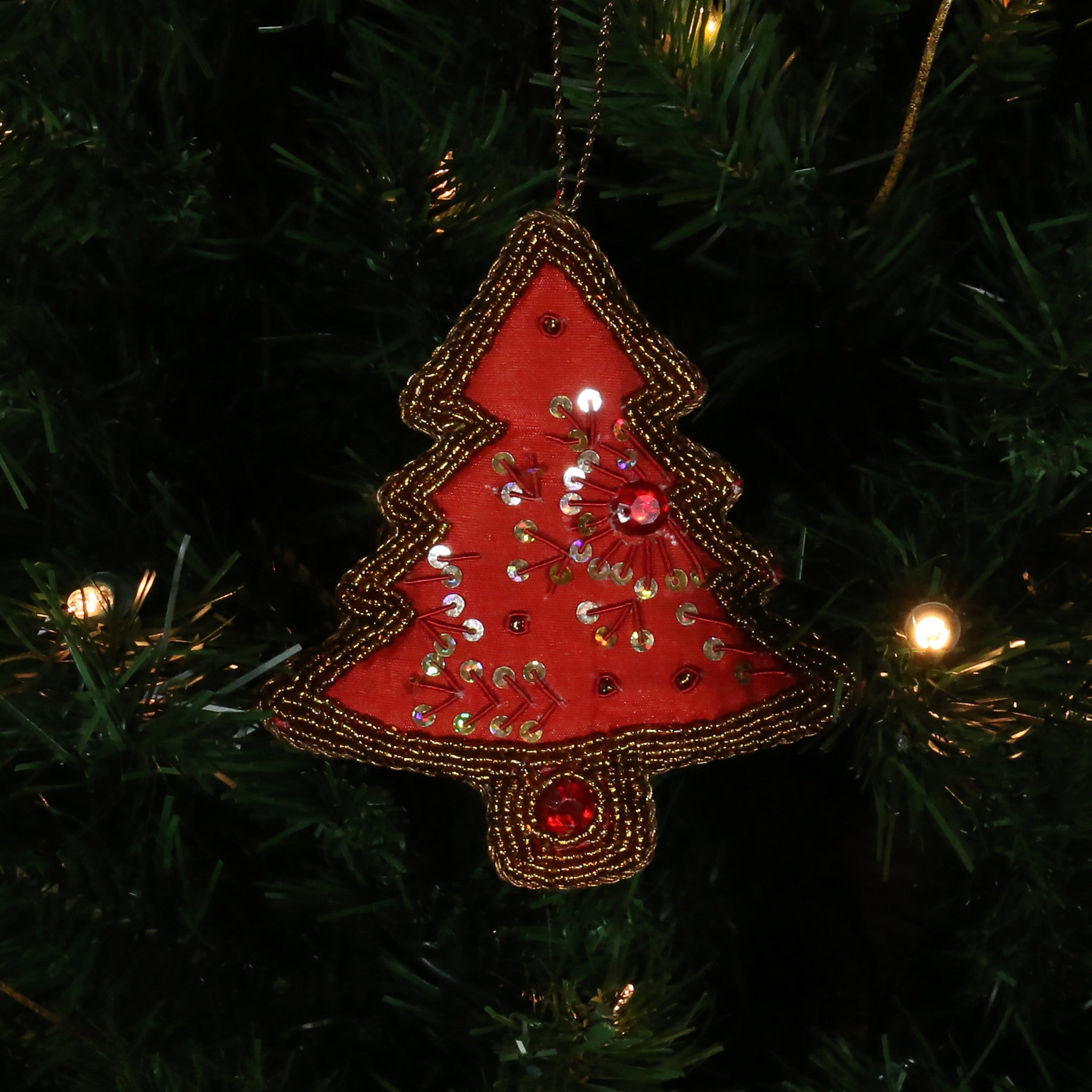 Hand Beaded, Tree Shaped Ornament (red color)