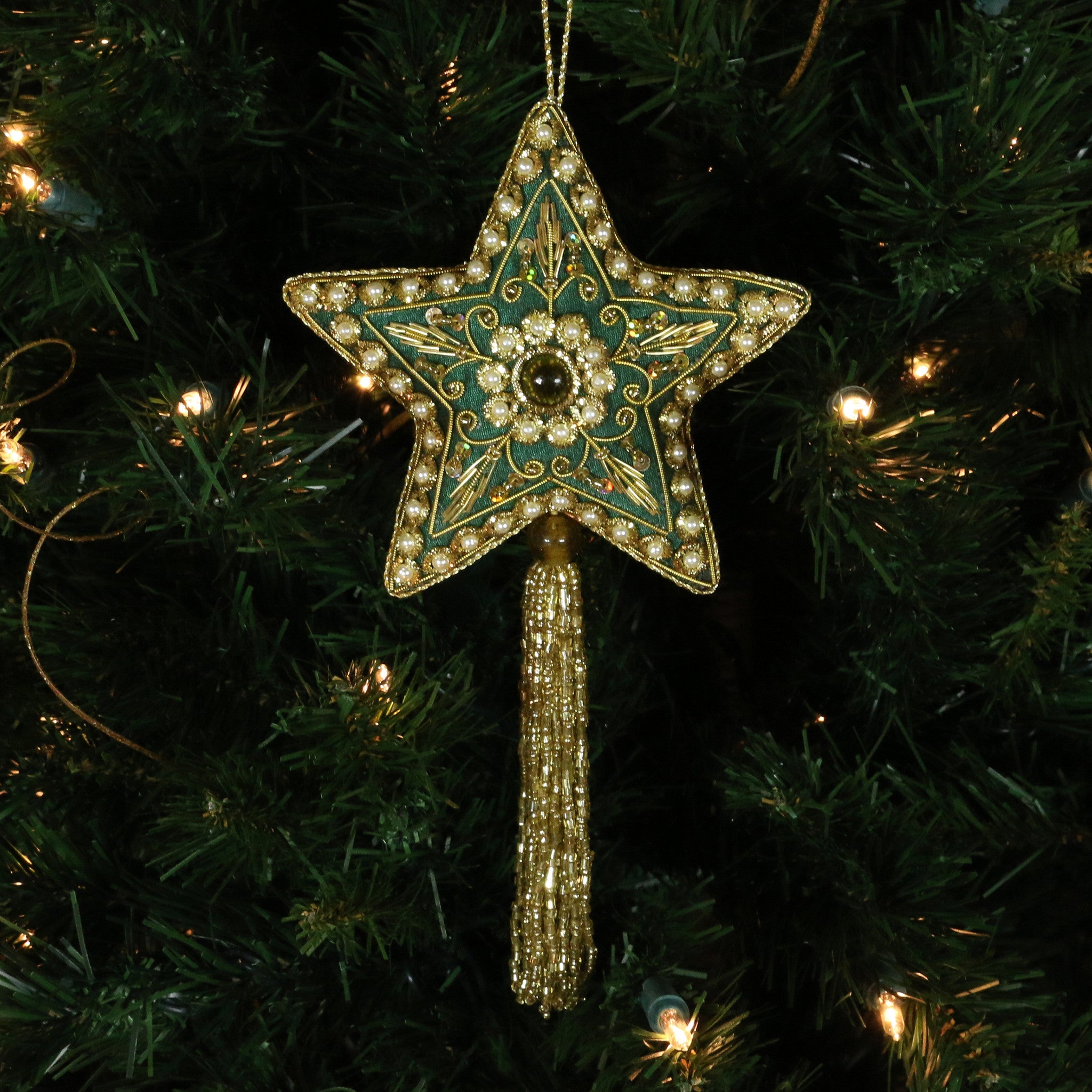 Hand Beaded, Star Shaped Ornament (green color)