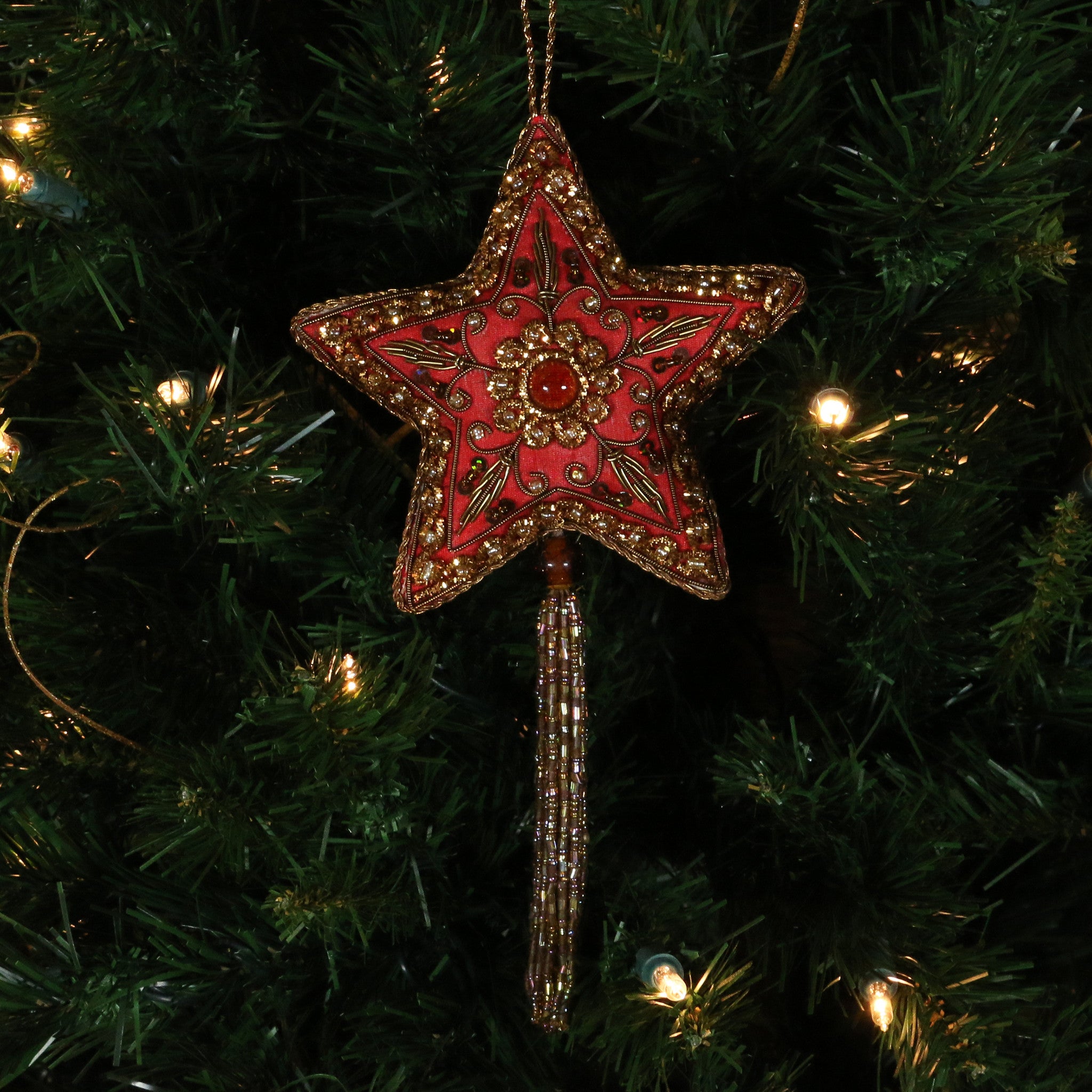 Hand Beaded, Star Shaped Ornament (red color)