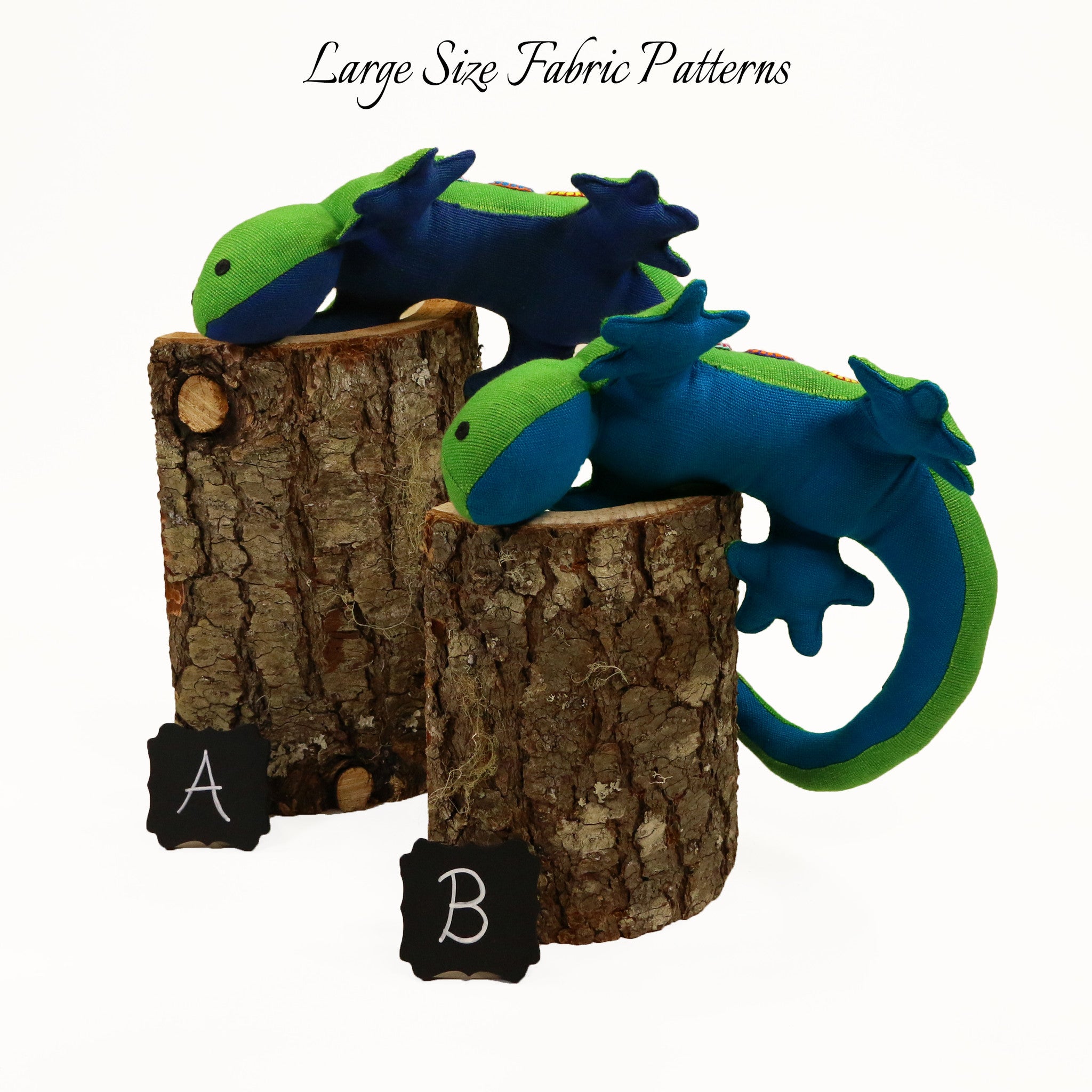 Larry, the Lizard – all large size fabric patterns shown