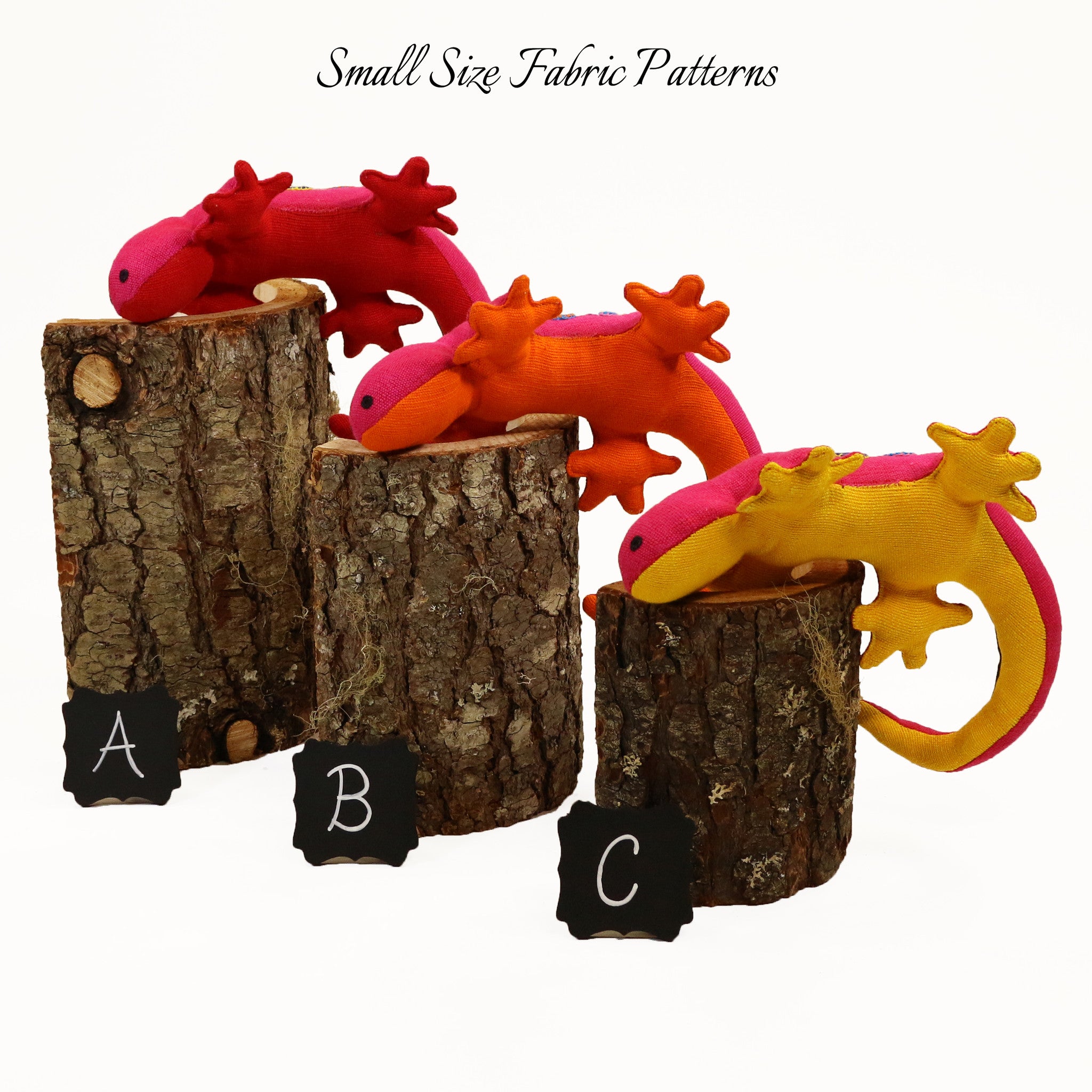 Lori, the Lizard – all small size fabric patterns shown