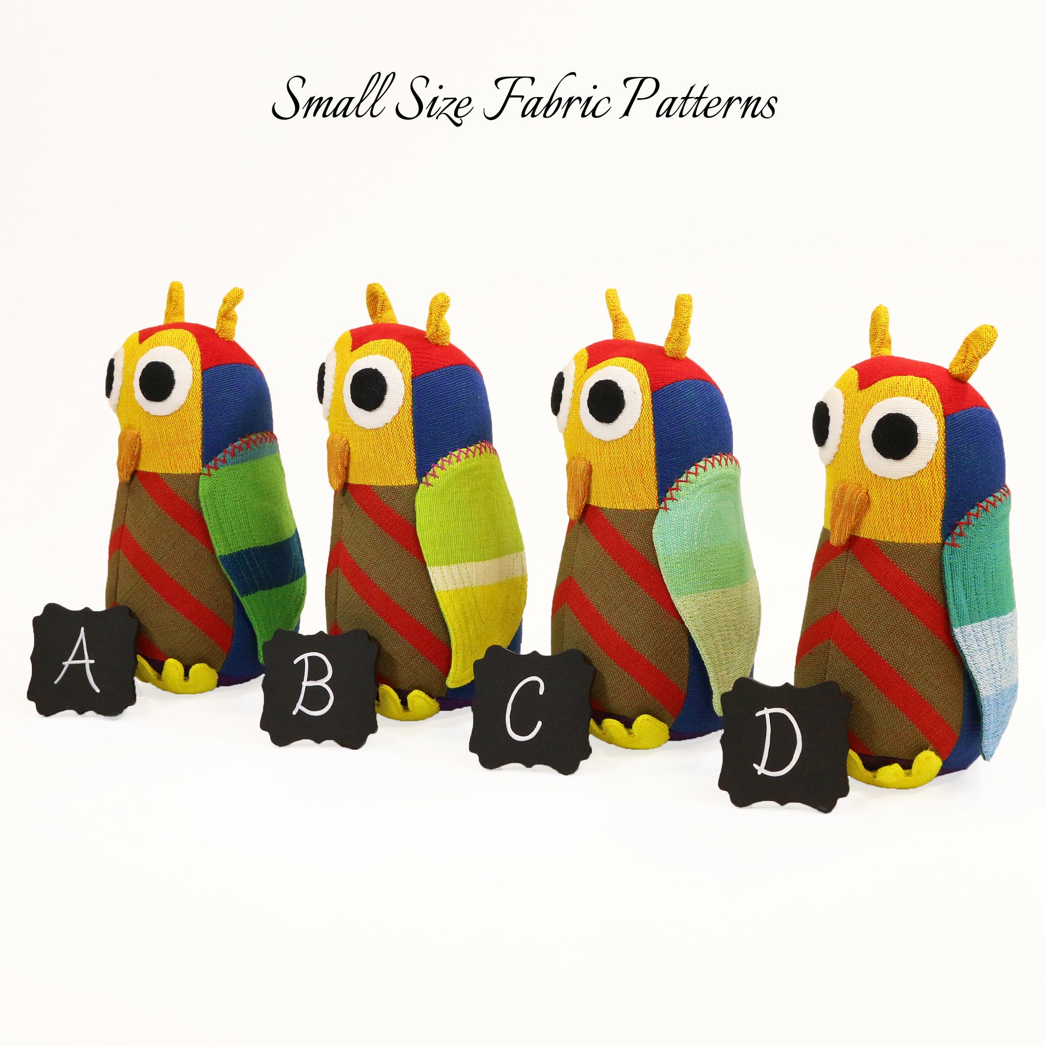 Harold, the Owl – small size fabric patterns shown
