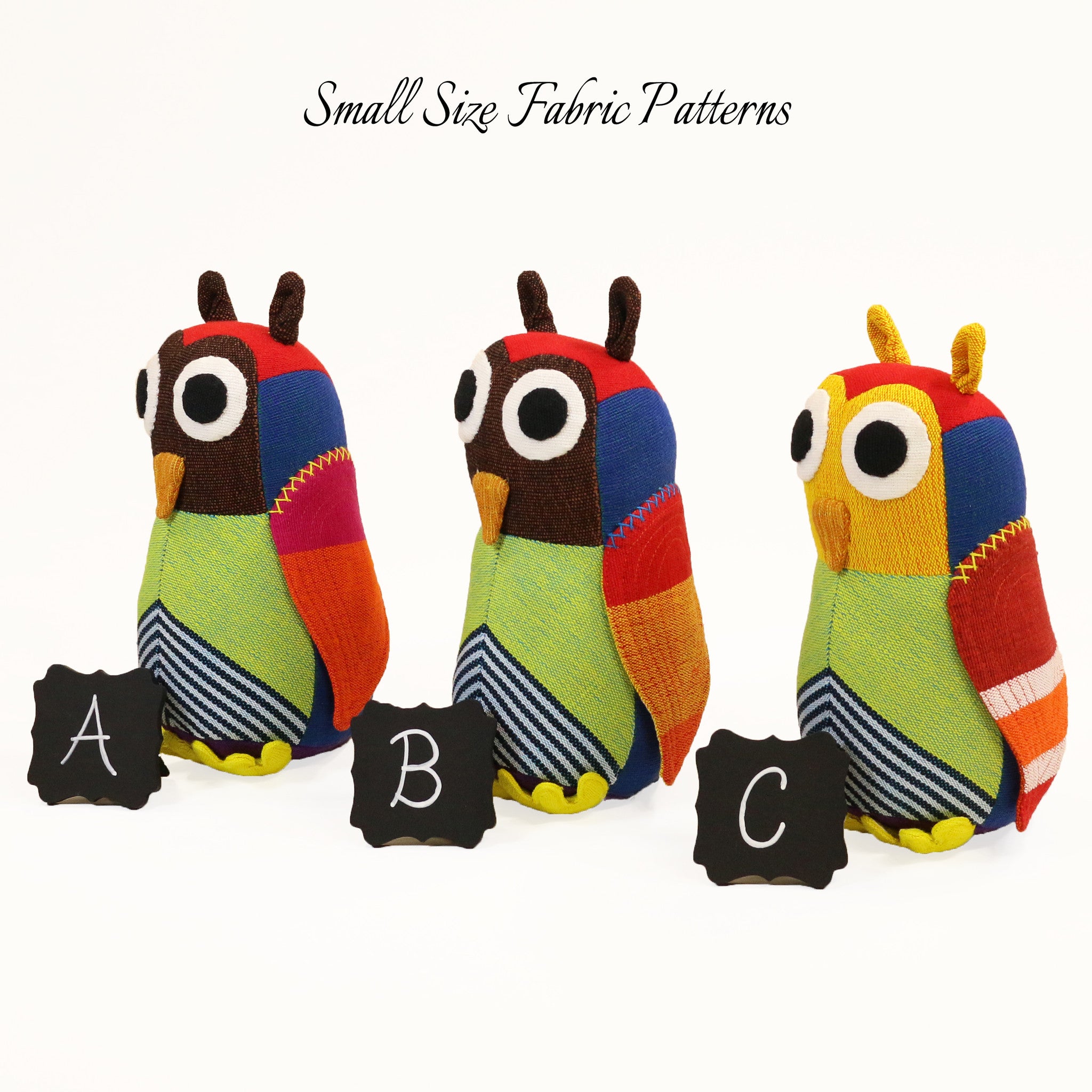 Harper, the Owl – all small size fabric patterns shown
