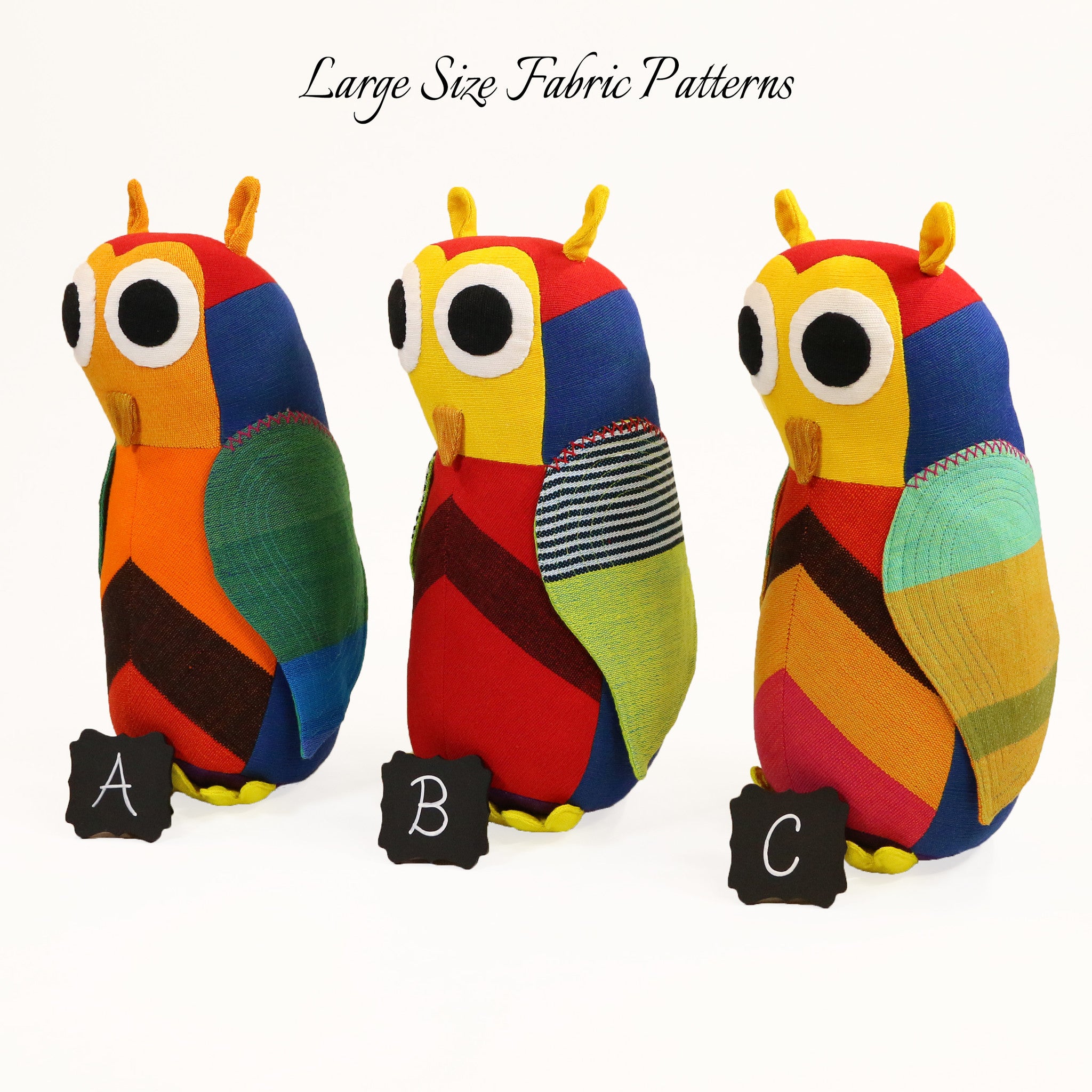 Hartley, the Owl – all large size fabric patterns shown